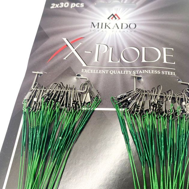 Поводок стальной Mikado X-Plode с застёжкой №2 и вертлюгом №5, 25 см.,10 кг. в зеленой оплётке 60 шт
